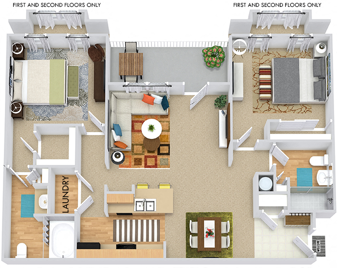 Blanford 3D. 2 bedroom apartment. Kitchen with bartop open to living/dinning rooms. 2 full bathrooms, shower stall in guest. Walk-in closet in master. Patio/balcony.